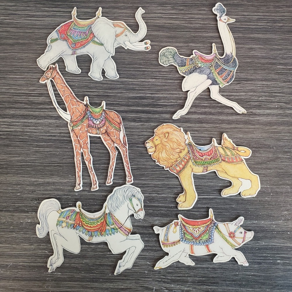 Vtg 6-Pc. Carousel Animal Cardboard Christmas Ornaments‎ Merrimack Whimsical